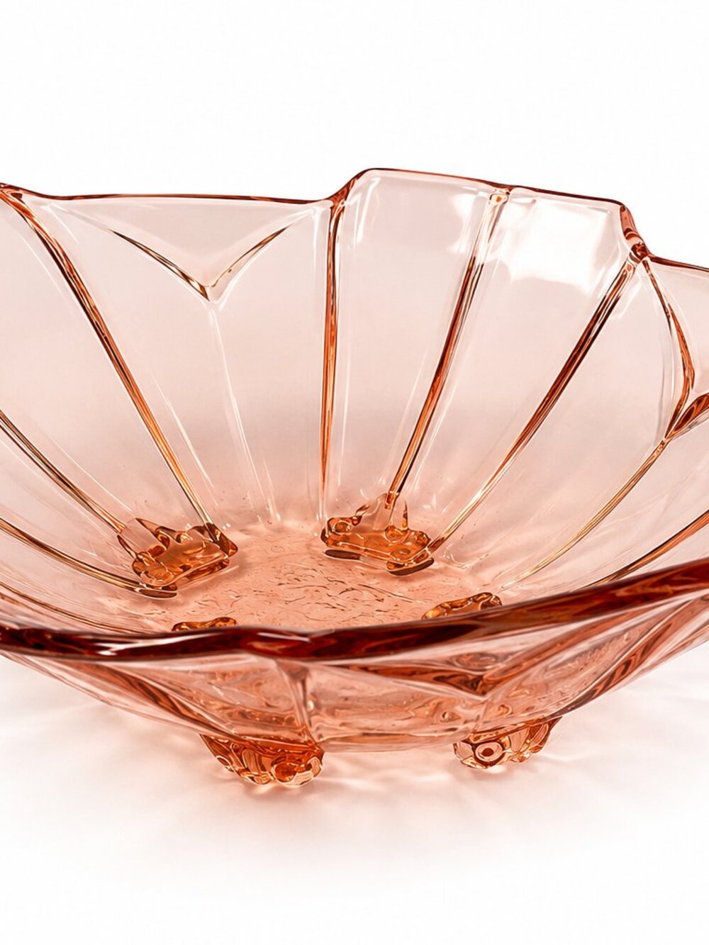 BD-57--Vintage Pink Pressed Glass Leaf Footed Bowl